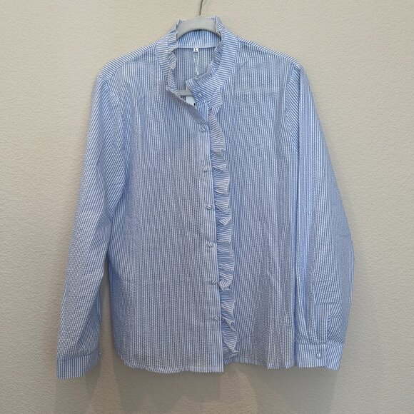 EI Town Blue and White Stripe Seersucker Blouse - Picture 1 of 5